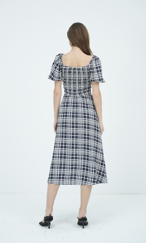 SIXDO G-Navy Short Sleeves Woven Flared Dress for Women